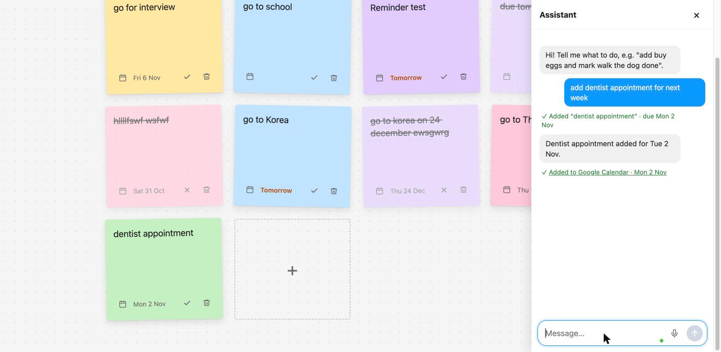 Chat adding dentist appointment for Mon 2 Nov with a Google Calendar line